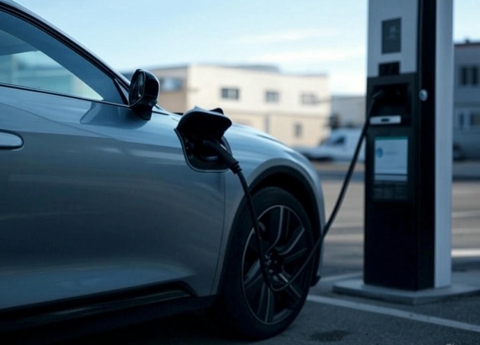 Electric vehicle being charged at a charging station